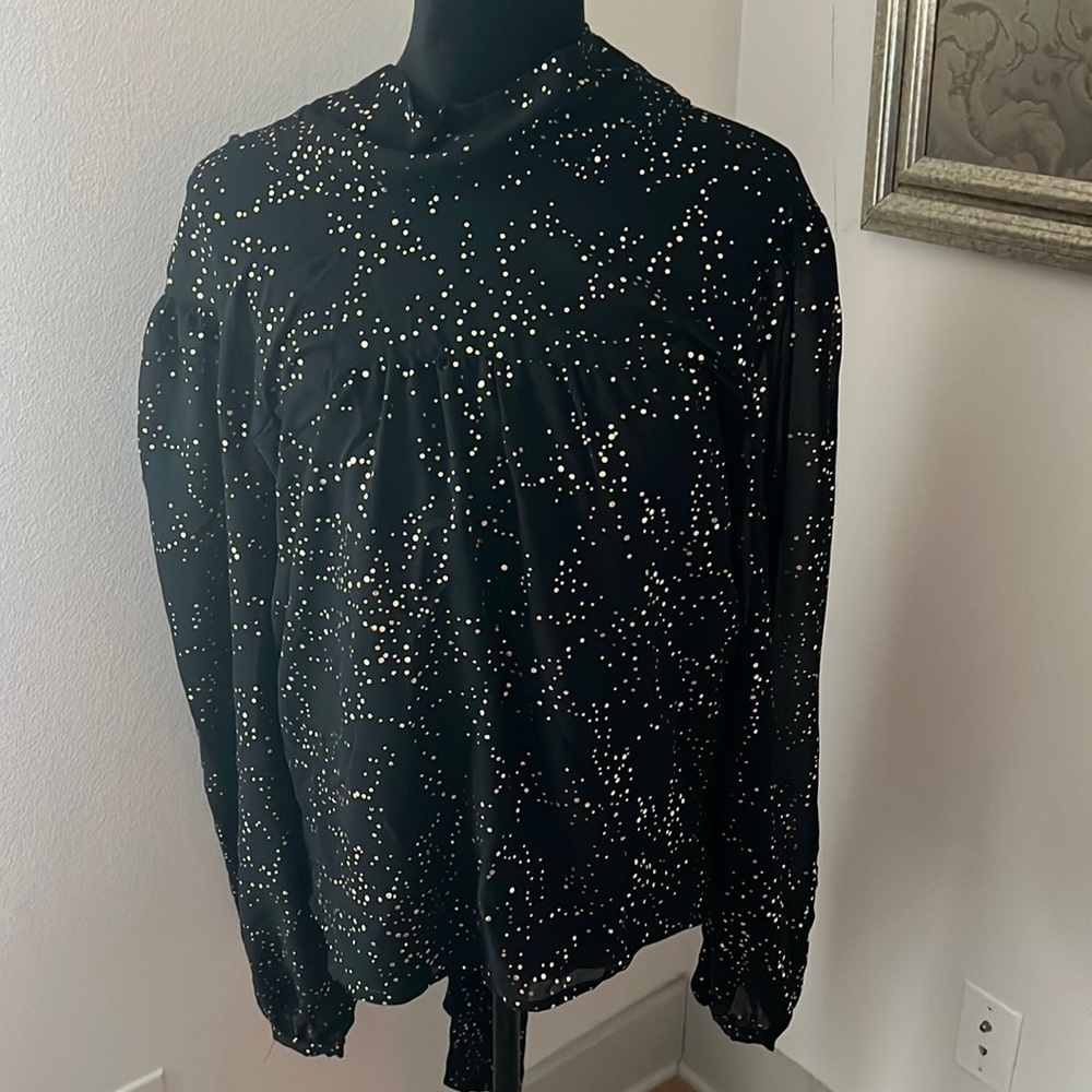Hutch Sz L black gold spots long sleeve back long fabric ties long sleeves top